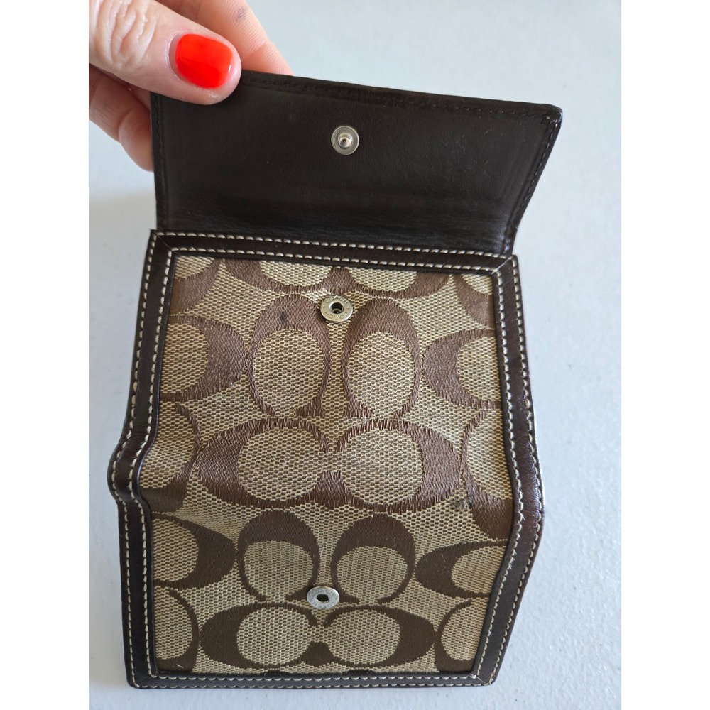 VTG Coach Signature C Monogram Trifold Wallet Brown Leather Suede Stripe Compact - Picture 5 of 8